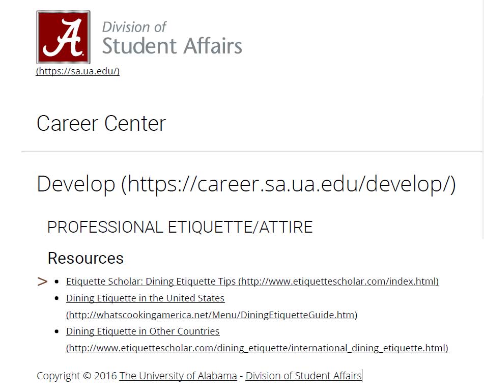 University of Alabama link to Etiquette Scholar